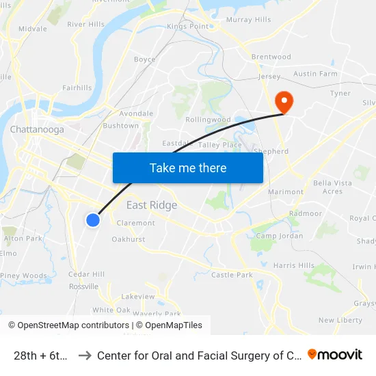 28th + 6th Ave to Center for Oral and Facial Surgery of Chattanooga map