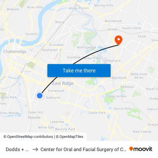 Dodds + 32nd to Center for Oral and Facial Surgery of Chattanooga map