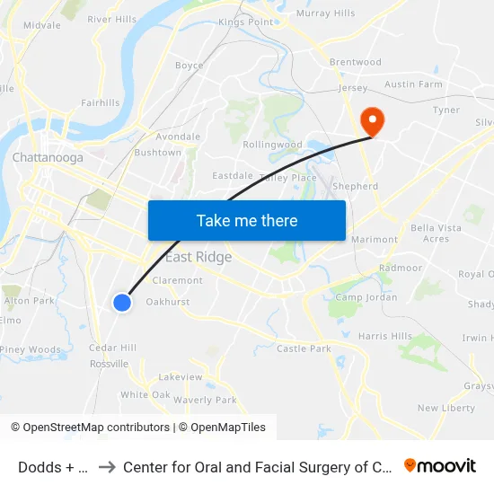 Dodds + 34th to Center for Oral and Facial Surgery of Chattanooga map