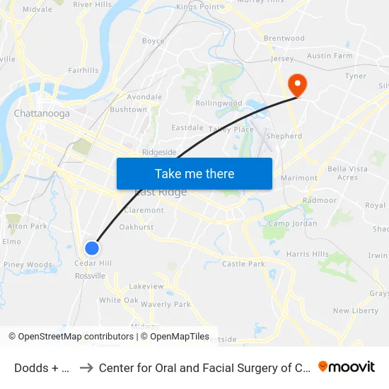 Dodds + 42nd to Center for Oral and Facial Surgery of Chattanooga map