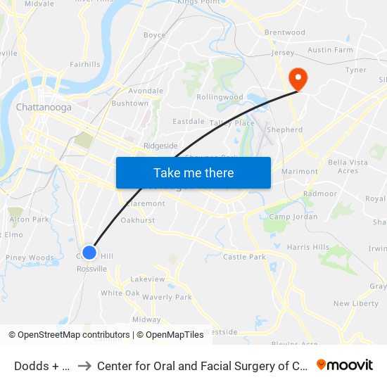 Dodds + 46th to Center for Oral and Facial Surgery of Chattanooga map