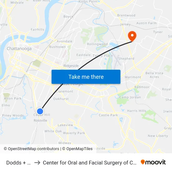 Dodds + 44th to Center for Oral and Facial Surgery of Chattanooga map
