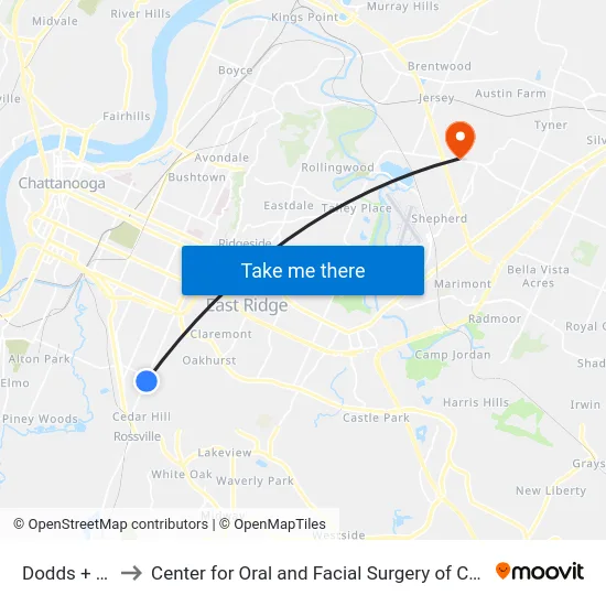 Dodds + 39th to Center for Oral and Facial Surgery of Chattanooga map