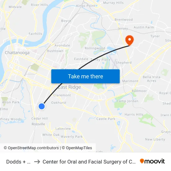 Dodds + 37th to Center for Oral and Facial Surgery of Chattanooga map
