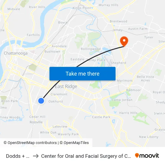 Dodds + 33rd to Center for Oral and Facial Surgery of Chattanooga map