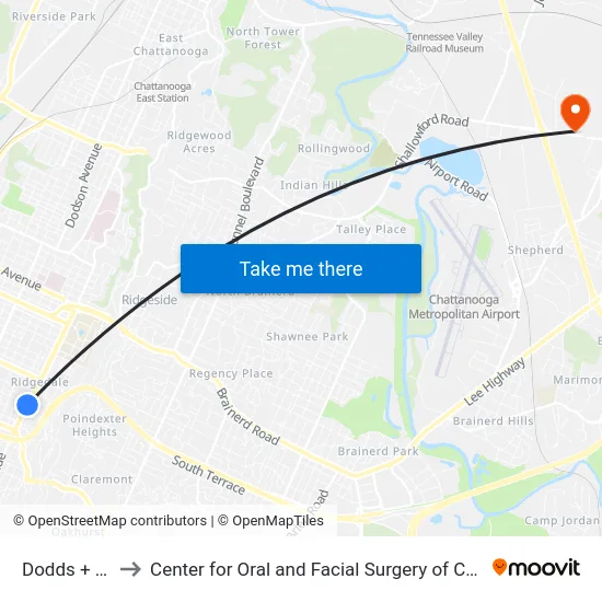 Dodds + 18th to Center for Oral and Facial Surgery of Chattanooga map
