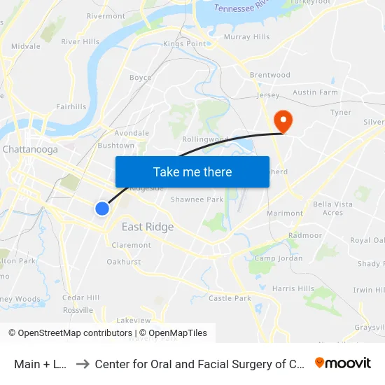Main + Lyerly to Center for Oral and Facial Surgery of Chattanooga map