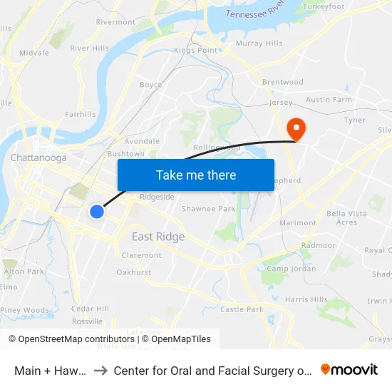 Main + Hawthorne to Center for Oral and Facial Surgery of Chattanooga map