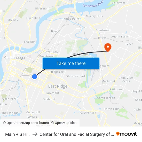 Main + S Hickory to Center for Oral and Facial Surgery of Chattanooga map