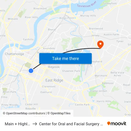Main + Highland Pk to Center for Oral and Facial Surgery of Chattanooga map