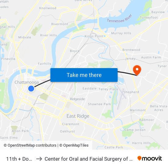 11th + Douglas to Center for Oral and Facial Surgery of Chattanooga map