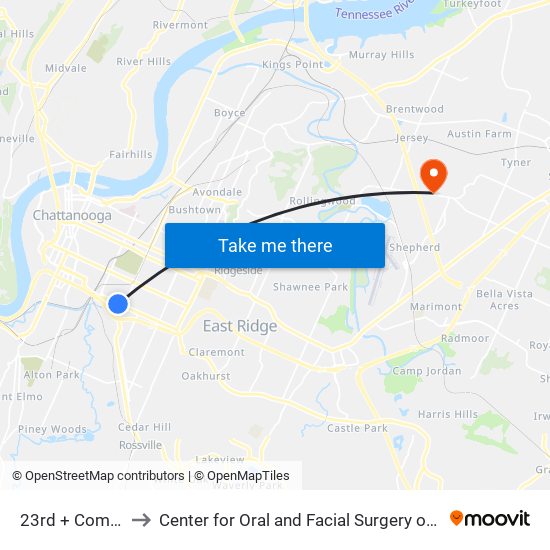 23rd + Commerce to Center for Oral and Facial Surgery of Chattanooga map