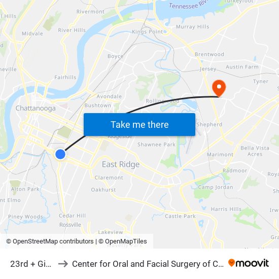 23rd + Gifford to Center for Oral and Facial Surgery of Chattanooga map