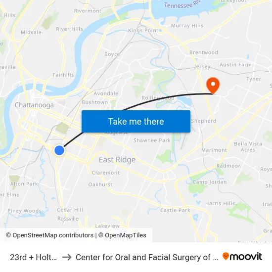 23rd + Holtzclaw to Center for Oral and Facial Surgery of Chattanooga map