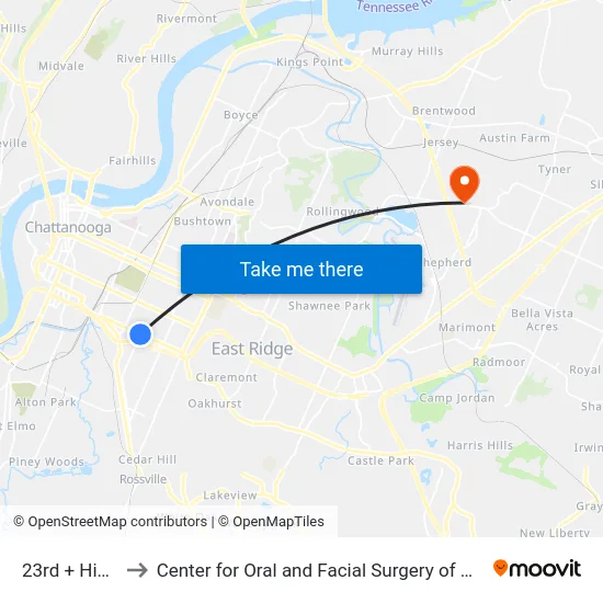 23rd + Hickory to Center for Oral and Facial Surgery of Chattanooga map