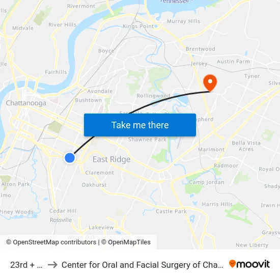 23rd + 4th to Center for Oral and Facial Surgery of Chattanooga map