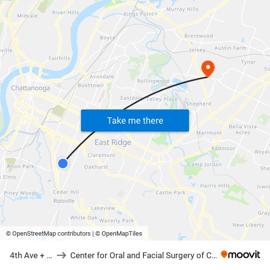 4th Ave + 34th to Center for Oral and Facial Surgery of Chattanooga map