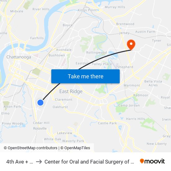 4th Ave + 32rd to Center for Oral and Facial Surgery of Chattanooga map