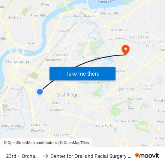 23rd + Orchard Knob to Center for Oral and Facial Surgery of Chattanooga map