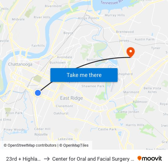 23rd + Highland Park to Center for Oral and Facial Surgery of Chattanooga map