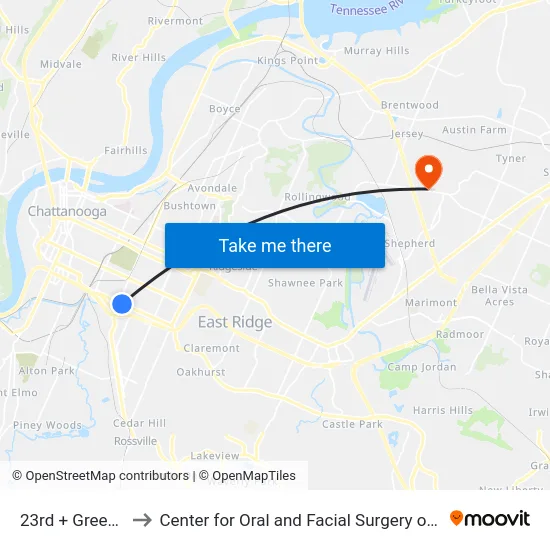 23rd + Greenwood to Center for Oral and Facial Surgery of Chattanooga map