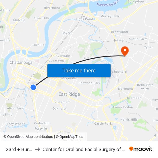 23rd + Burnette to Center for Oral and Facial Surgery of Chattanooga map