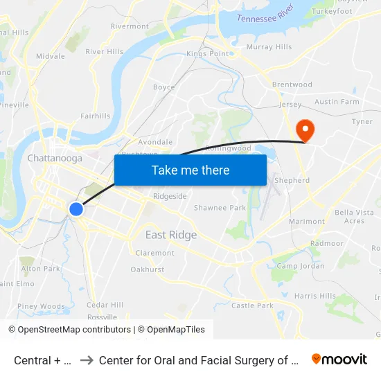 Central + 1925 to Center for Oral and Facial Surgery of Chattanooga map