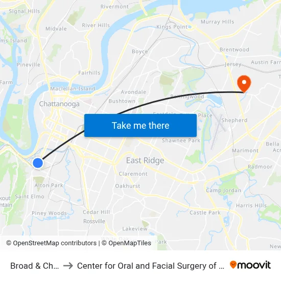 Broad & Charger to Center for Oral and Facial Surgery of Chattanooga map
