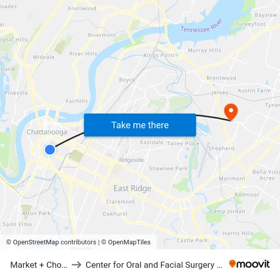 Market + Choo Choo to Center for Oral and Facial Surgery of Chattanooga map