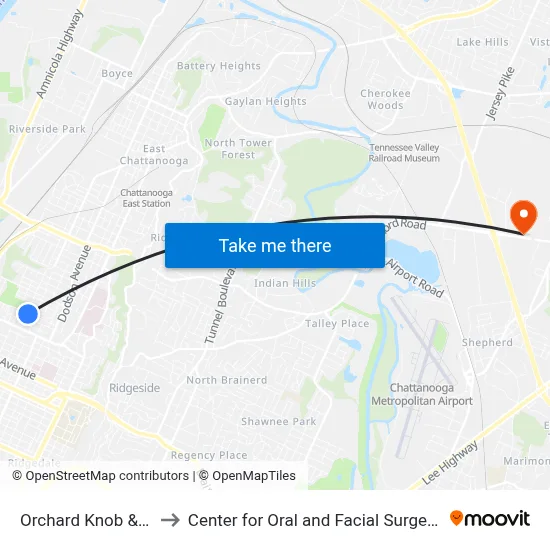 Orchard Knob & Cleveland to Center for Oral and Facial Surgery of Chattanooga map