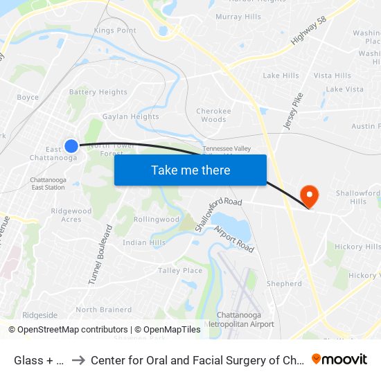 Glass + Bird to Center for Oral and Facial Surgery of Chattanooga map