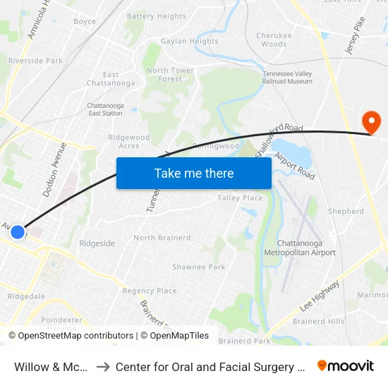 Willow & Mccallie-1 to Center for Oral and Facial Surgery of Chattanooga map