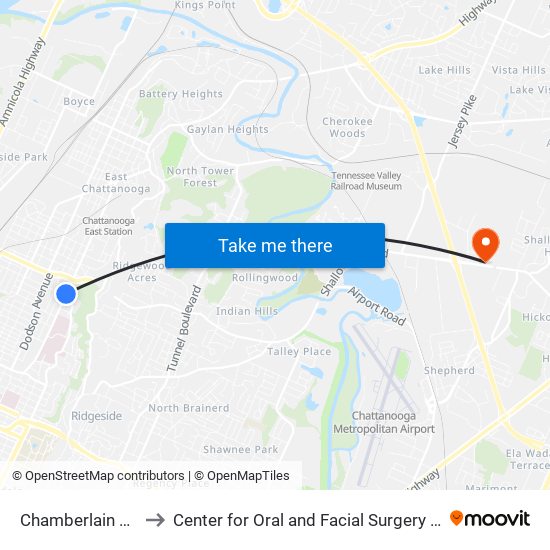 Chamberlain + Wilson to Center for Oral and Facial Surgery of Chattanooga map