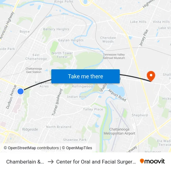 Chamberlain & Wilson-1 to Center for Oral and Facial Surgery of Chattanooga map