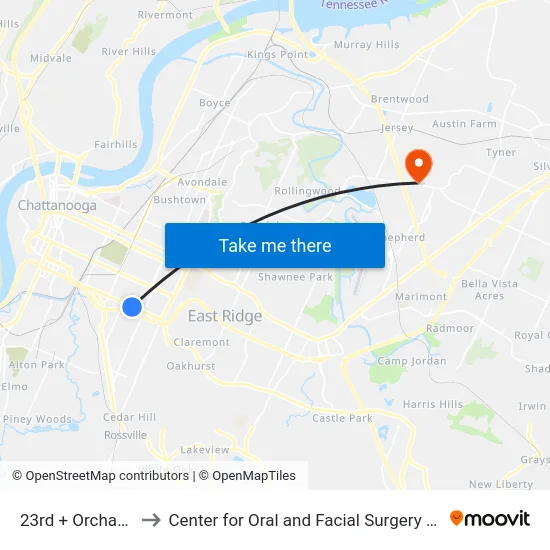 23rd + Orchard Knob to Center for Oral and Facial Surgery of Chattanooga map