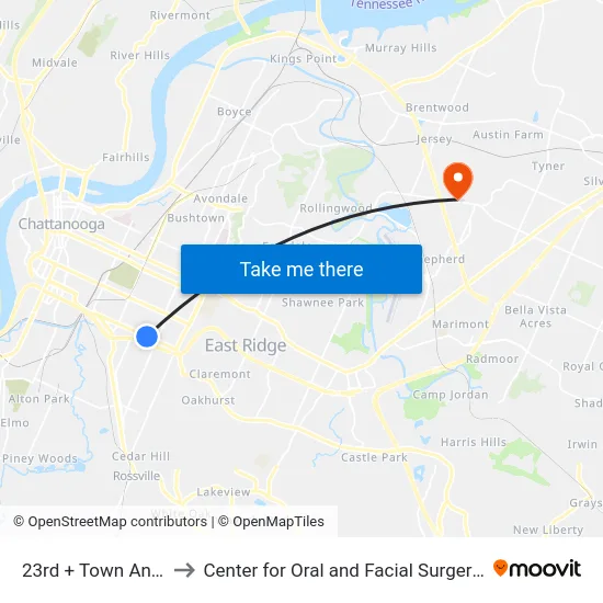 23rd + Town And Country to Center for Oral and Facial Surgery of Chattanooga map