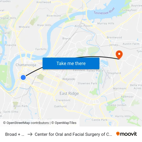 Broad + 19th to Center for Oral and Facial Surgery of Chattanooga map