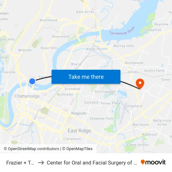 Frazier + Tampa to Center for Oral and Facial Surgery of Chattanooga map