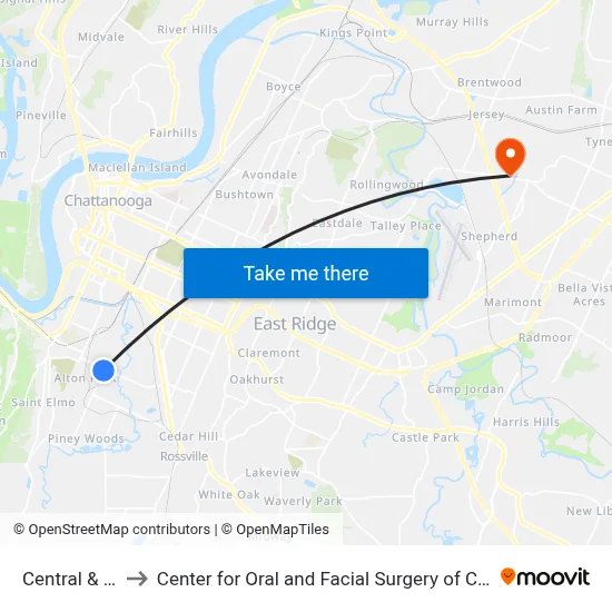 Central & 38th to Center for Oral and Facial Surgery of Chattanooga map