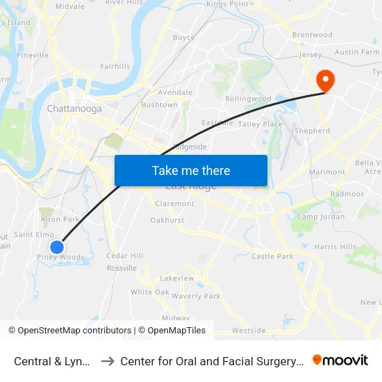 Central & Lynchburg-0 to Center for Oral and Facial Surgery of Chattanooga map