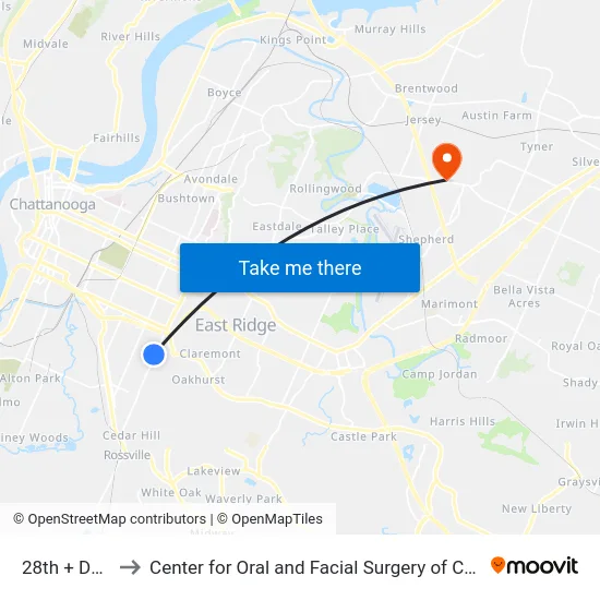 28th + Dodds to Center for Oral and Facial Surgery of Chattanooga map