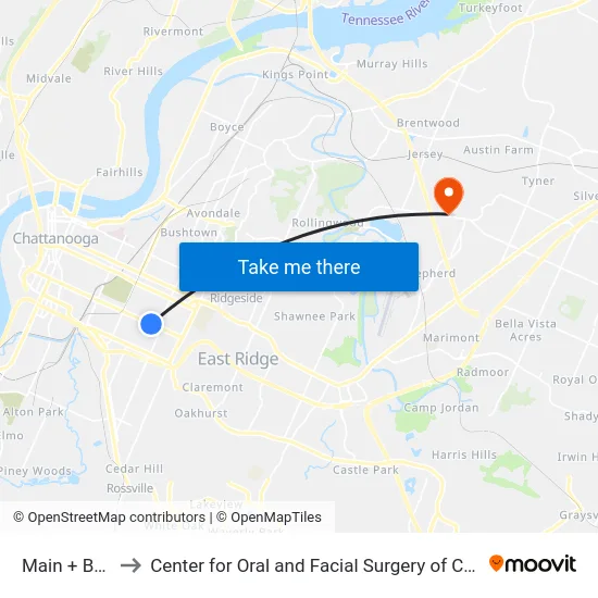 Main + Beech to Center for Oral and Facial Surgery of Chattanooga map
