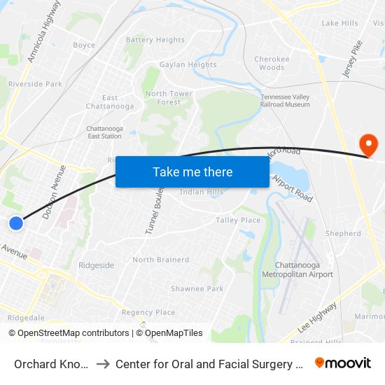 Orchard Knob + 3rd to Center for Oral and Facial Surgery of Chattanooga map