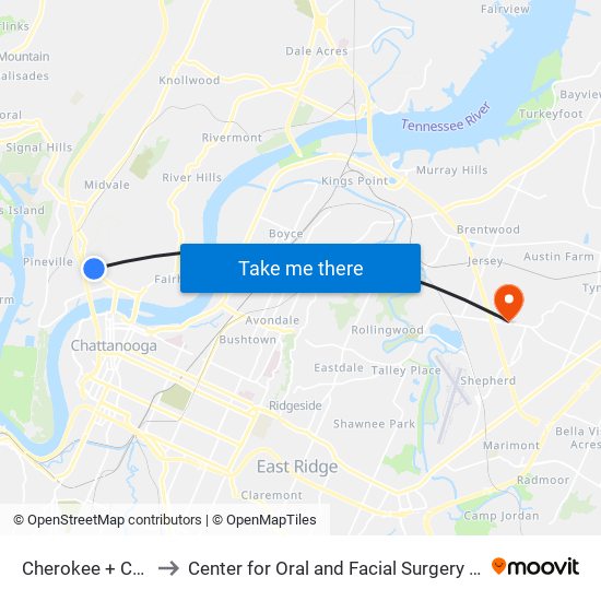 Cherokee + Chilhowie to Center for Oral and Facial Surgery of Chattanooga map