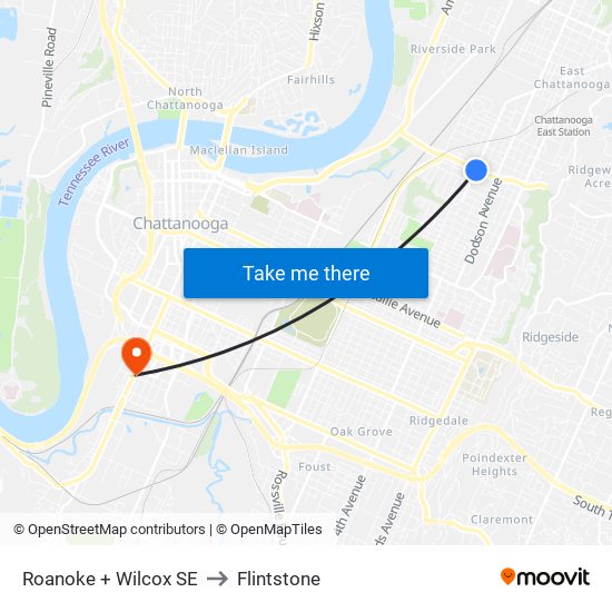 Roanoke + Wilcox SE to Flintstone map