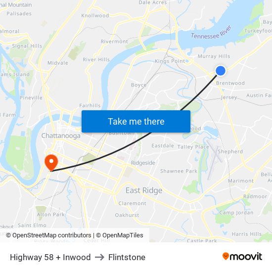 Highway 58 + Inwood to Flintstone map