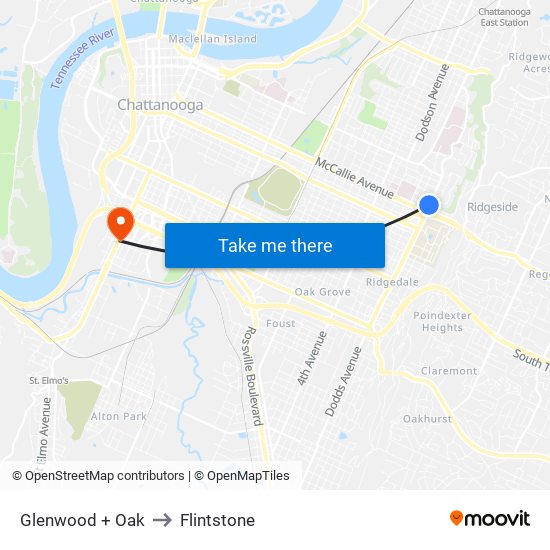 Glenwood + Oak to Flintstone map