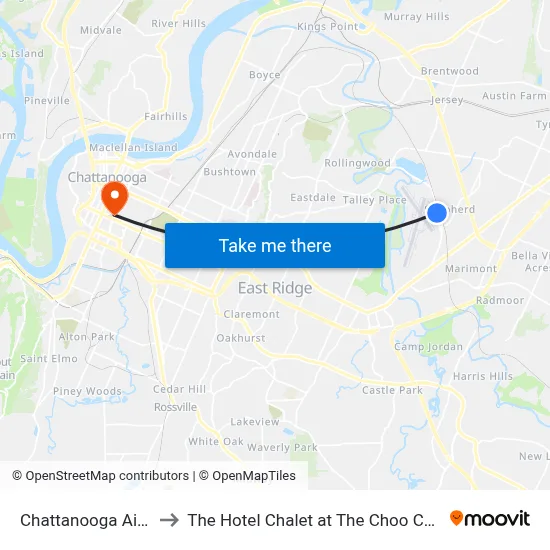 Chattanooga Airport CHA to The Hotel Chalet at The Choo Choo, Chattanooga map