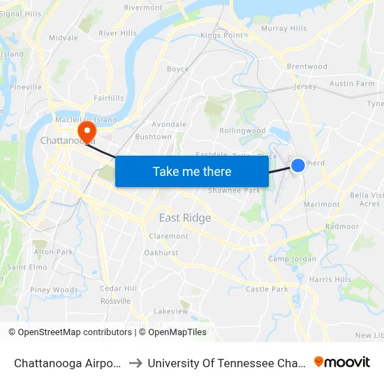 Chattanooga Airport CHA to University Of Tennessee Chattanooga map
