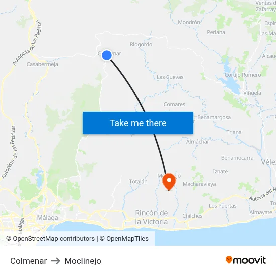 Colmenar to Moclinejo map